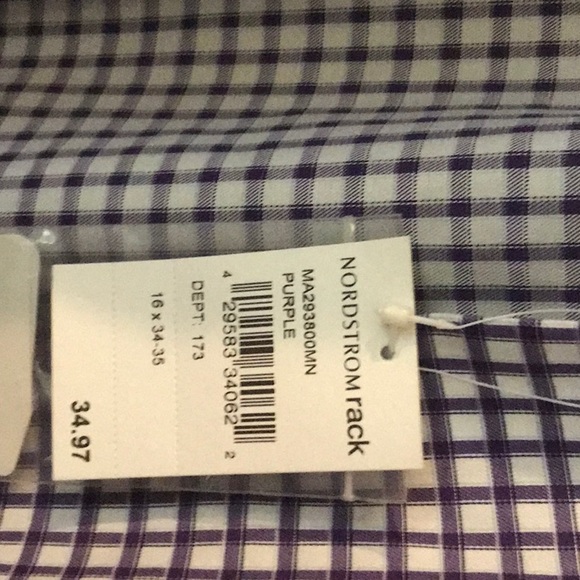 Nordstrom Rack new purple and white Men’s check shirt trim fit size 16 34/35 - Picture 3 of 5